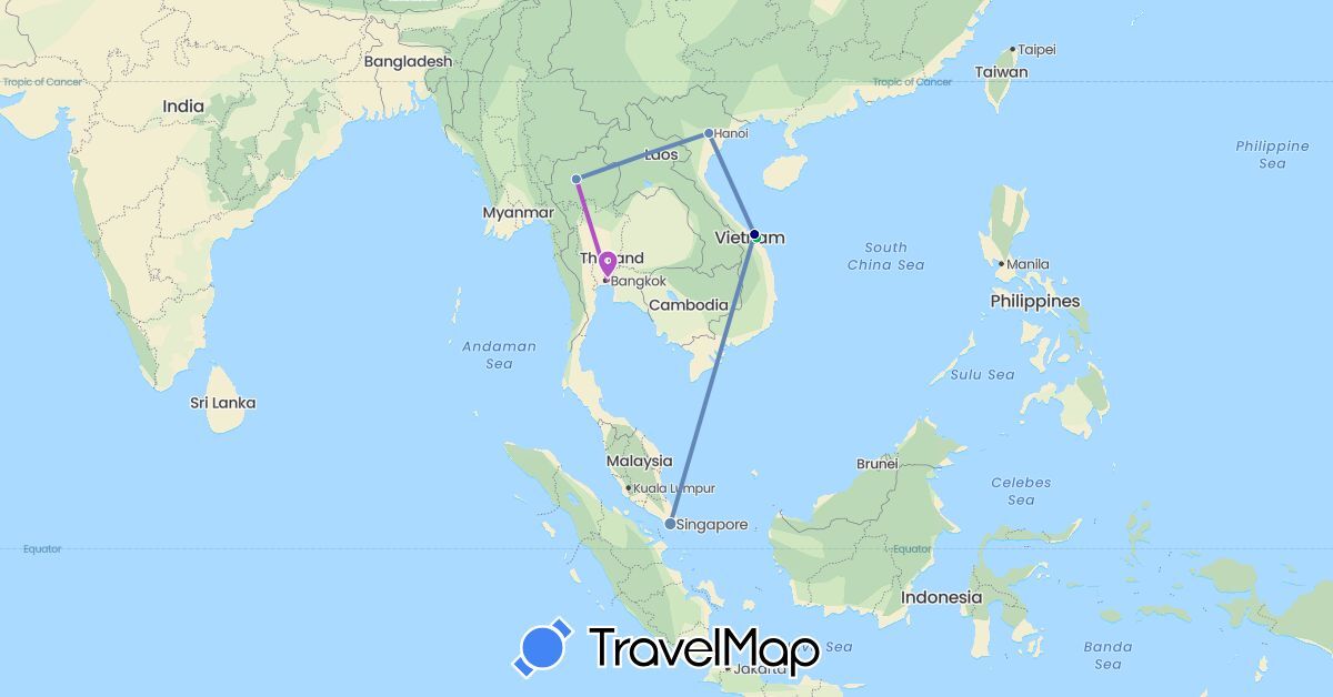 TravelMap itinerary: driving, bus, cycling, train in Singapore, Thailand, Vietnam (Asia)